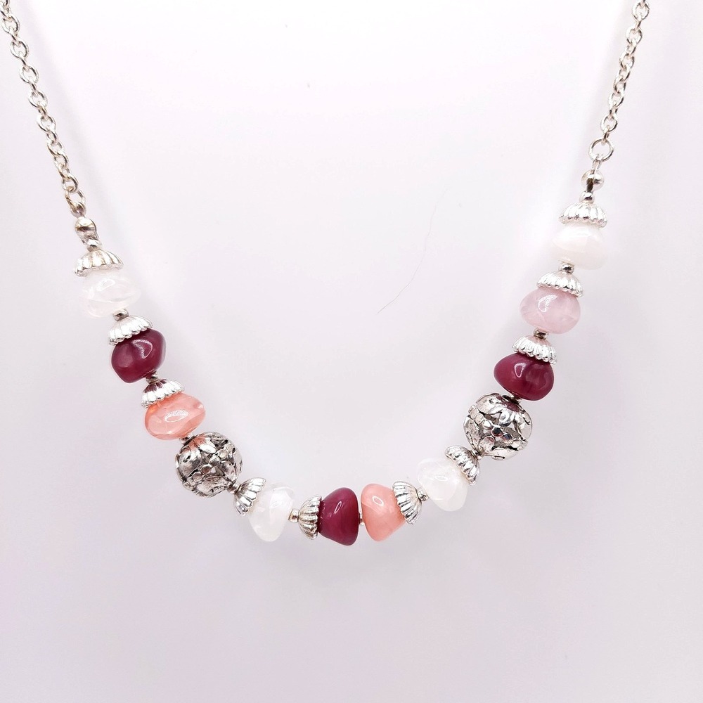 Pink White Beaded Necklace 18-21in Silver‎